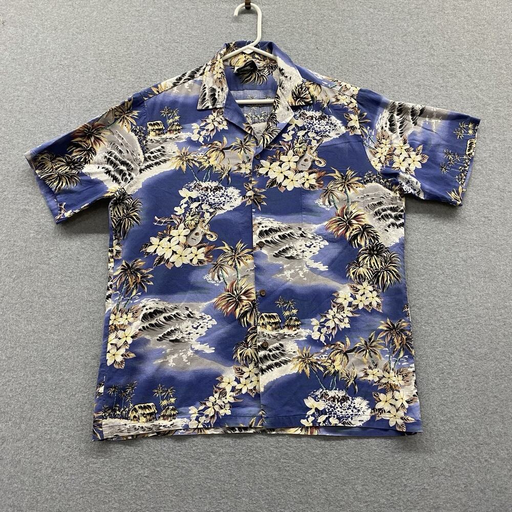 Vintage Hilo Hattie Hawaiian Aloha Shirt Mens L Blue Tropical Camp Surfer Luau